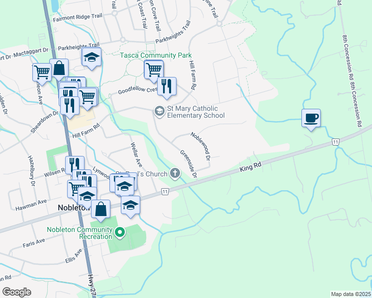 map of restaurants, bars, coffee shops, grocery stores, and more near 29 Greenside Drive in Nobleton