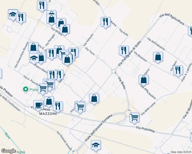 map of restaurants, bars, coffee shops, grocery stores, and more near 51 Via di Palarciano in Montemurlo