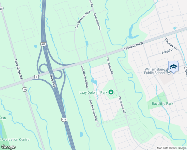 map of restaurants, bars, coffee shops, grocery stores, and more near 98 Laing Drive in Whitby
