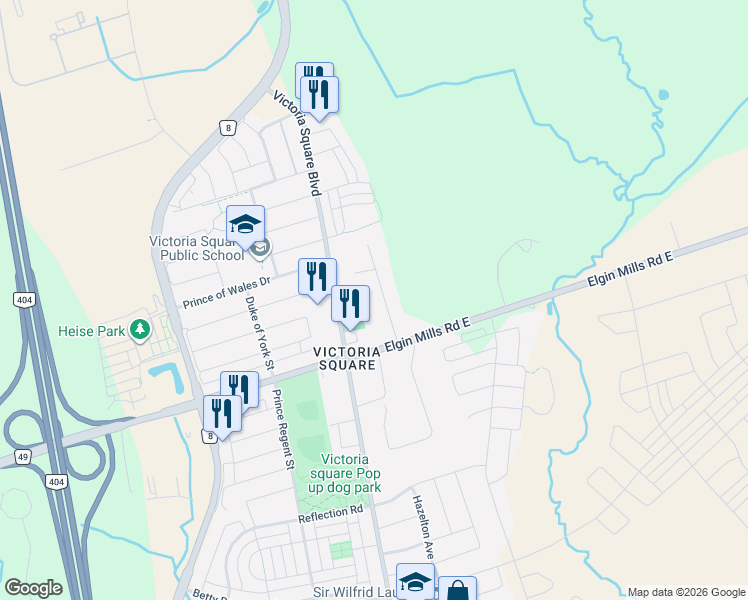 map of restaurants, bars, coffee shops, grocery stores, and more near 16 Thomas Reid Road in Markham
