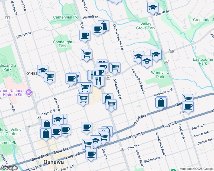 map of restaurants, bars, coffee shops, grocery stores, and more near in Oshawa