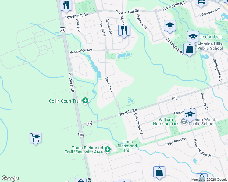 map of restaurants, bars, coffee shops, grocery stores, and more near 93 Selwyn Road in Richmond Hill