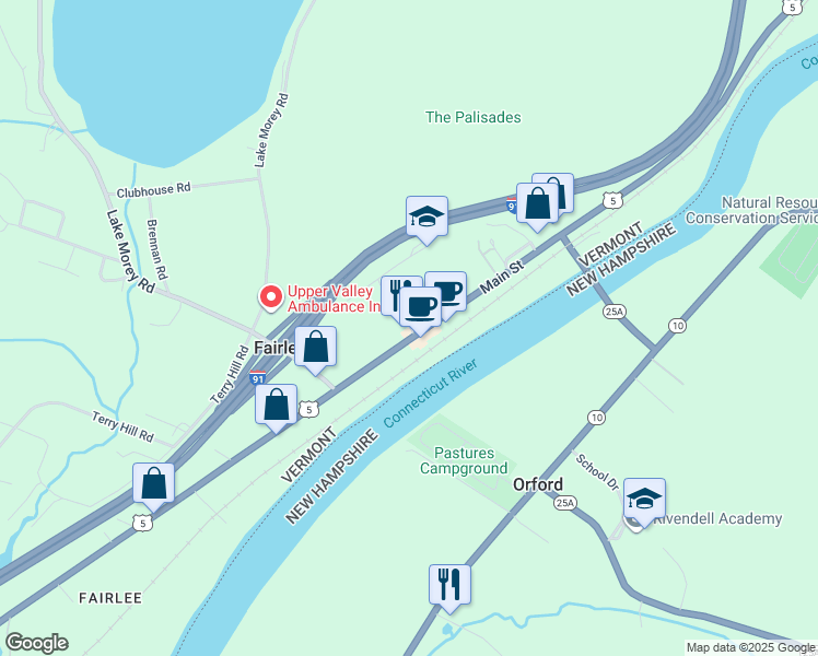 map of restaurants, bars, coffee shops, grocery stores, and more near 49 School Street in Fairlee