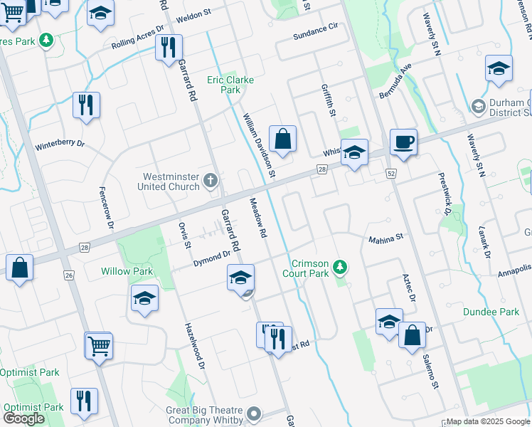 map of restaurants, bars, coffee shops, grocery stores, and more near 51 Inglewood Place in Whitby