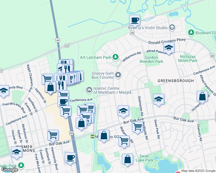 map of restaurants, bars, coffee shops, grocery stores, and more near 18 Willow Landing in Markham