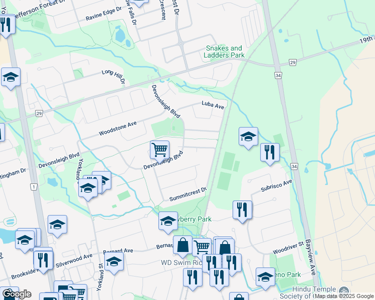 map of restaurants, bars, coffee shops, grocery stores, and more near 4 Swan Court in Richmond Hill