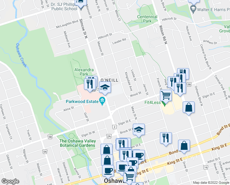 map of restaurants, bars, coffee shops, grocery stores, and more near 301 Simcoe Street North in Oshawa