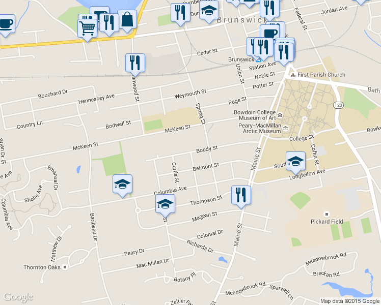 map of restaurants, bars, coffee shops, grocery stores, and more near 36 Boody St in Brunswick