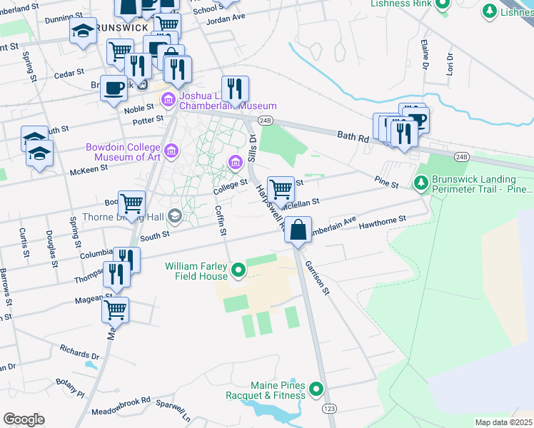 map of restaurants, bars, coffee shops, grocery stores, and more near 52 Harpswell Road in Brunswick