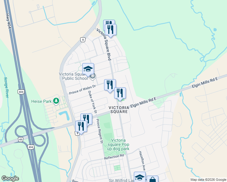 map of restaurants, bars, coffee shops, grocery stores, and more near 10850 Victoria Square Boulevard in Markham
