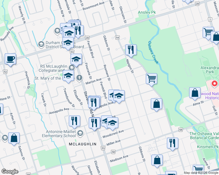 map of restaurants, bars, coffee shops, grocery stores, and more near 464 Rosmere Street in Oshawa