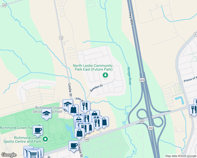 map of restaurants, bars, coffee shops, grocery stores, and more near 7 Hilts Drive in Richmond Hill