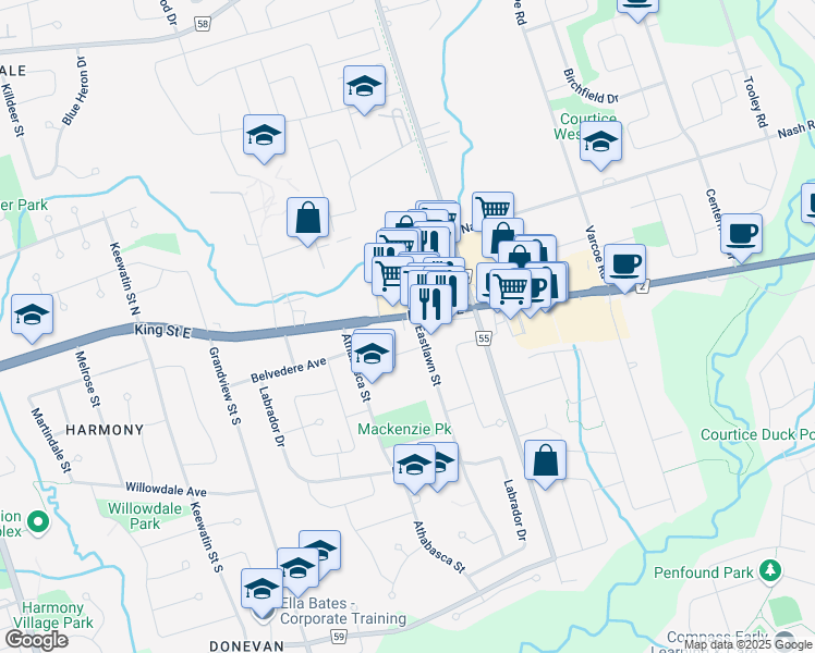 map of restaurants, bars, coffee shops, grocery stores, and more near 1285 King Street East in Oshawa
