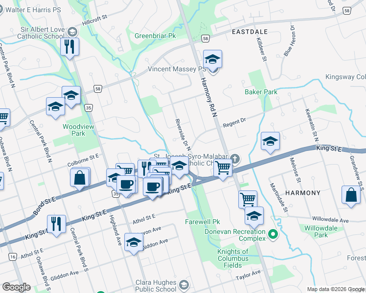 map of restaurants, bars, coffee shops, grocery stores, and more near 92 Riverside Drive North in Oshawa