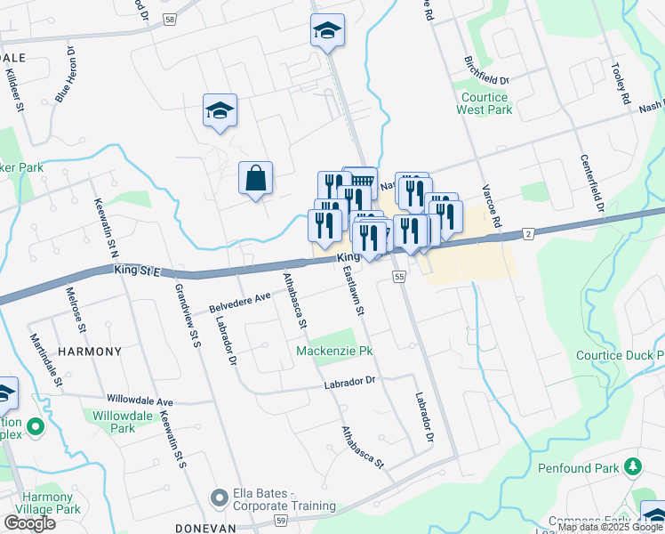 map of restaurants, bars, coffee shops, grocery stores, and more near 1285 King Street East in Oshawa