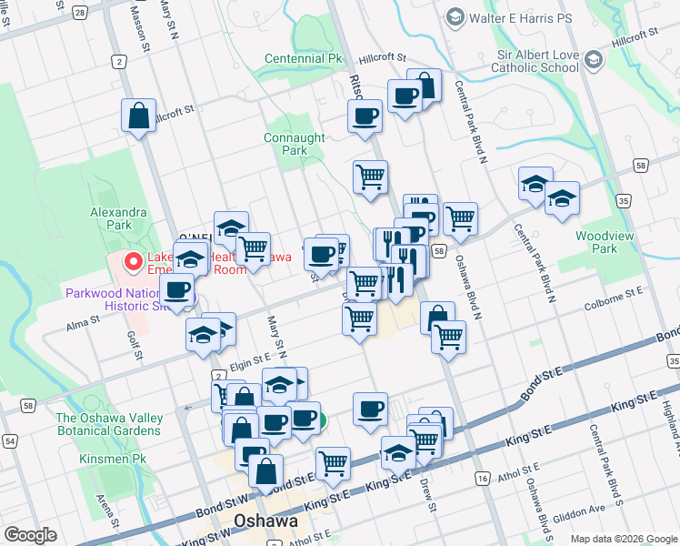 map of restaurants, bars, coffee shops, grocery stores, and more near 276 French Street in Oshawa