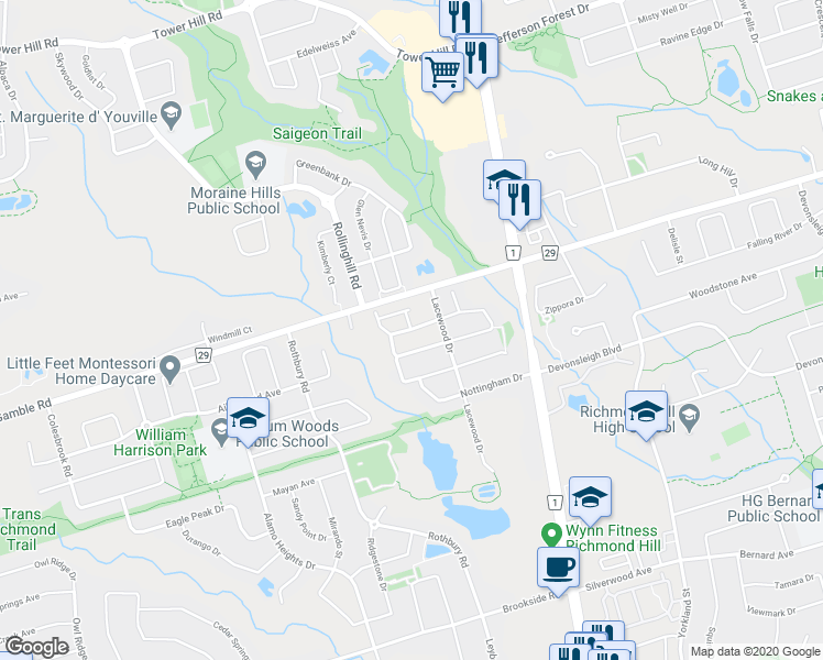 map of restaurants, bars, coffee shops, grocery stores, and more near 7 Red Squirrel Lane in Richmond Hill