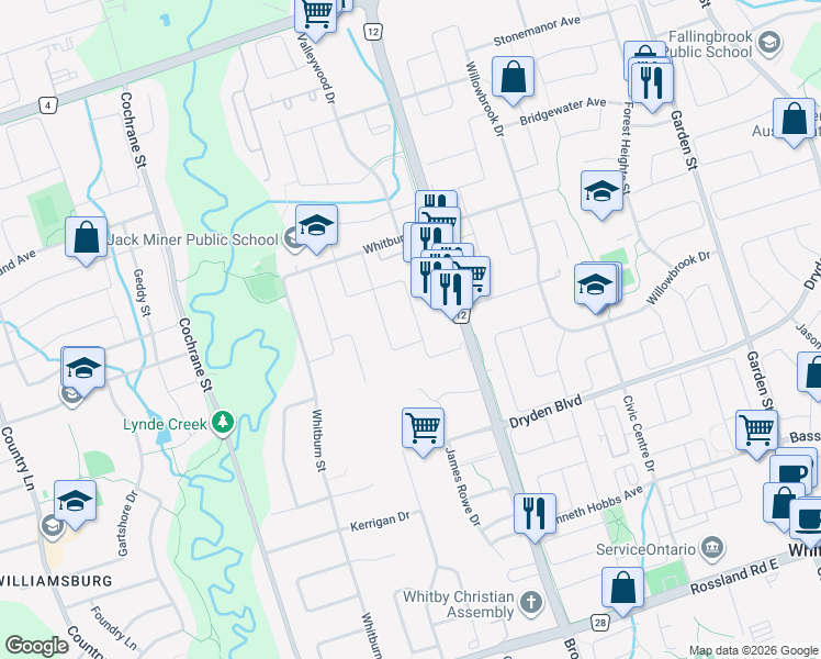 map of restaurants, bars, coffee shops, grocery stores, and more near 73 Jays Drive in Whitby