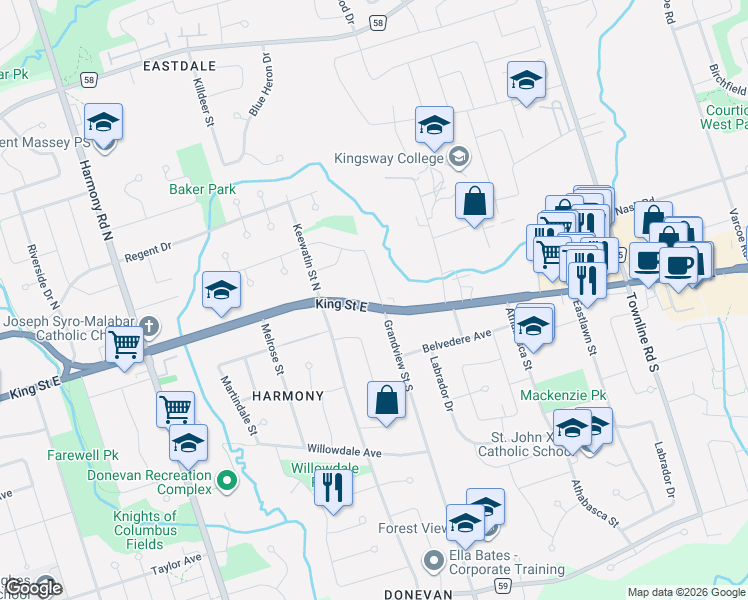map of restaurants, bars, coffee shops, grocery stores, and more near in Oshawa