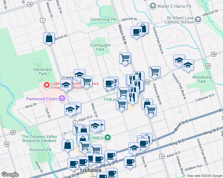 map of restaurants, bars, coffee shops, grocery stores, and more near 266 Division Street in Oshawa