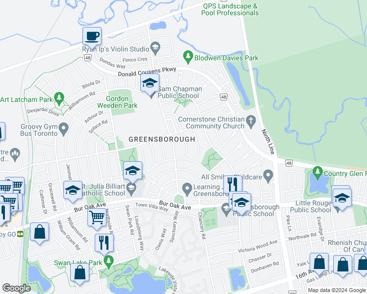 map of restaurants, bars, coffee shops, grocery stores, and more near 10 Gordon Weeden Road in Markham