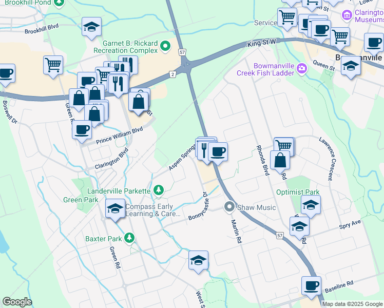 map of restaurants, bars, coffee shops, grocery stores, and more near 2 Glen Ray Court in Bowmanville