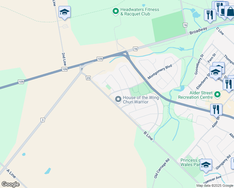 map of restaurants, bars, coffee shops, grocery stores, and more near 315 Montgomery Boulevard in Orangeville