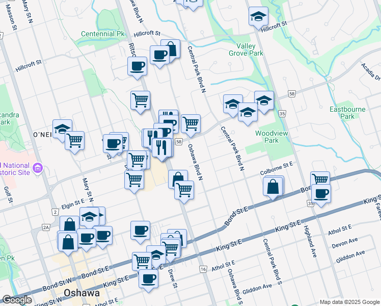 map of restaurants, bars, coffee shops, grocery stores, and more near Oshawa Boulevard North in Oshawa
