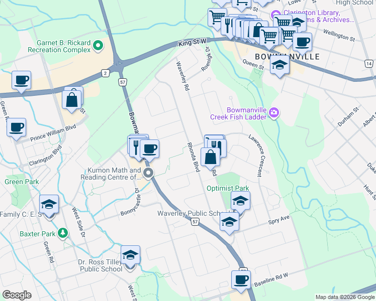 map of restaurants, bars, coffee shops, grocery stores, and more near 86 Rhonda Boulevard in Clarington