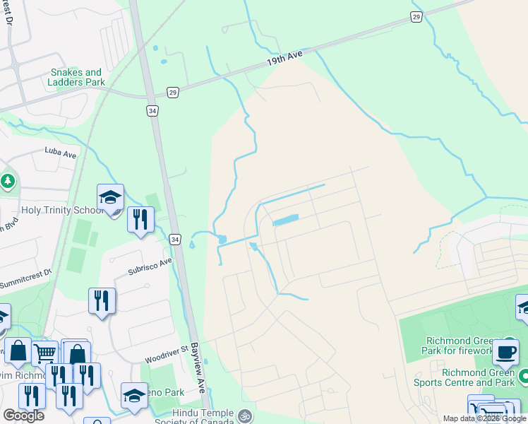 map of restaurants, bars, coffee shops, grocery stores, and more near 72 Current Drive in Richmond Hill