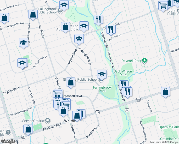 map of restaurants, bars, coffee shops, grocery stores, and more near 50 Fallingbrook Street in Whitby