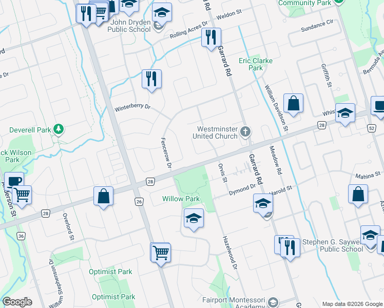 map of restaurants, bars, coffee shops, grocery stores, and more near 29 Morning Glory Crescent in Whitby