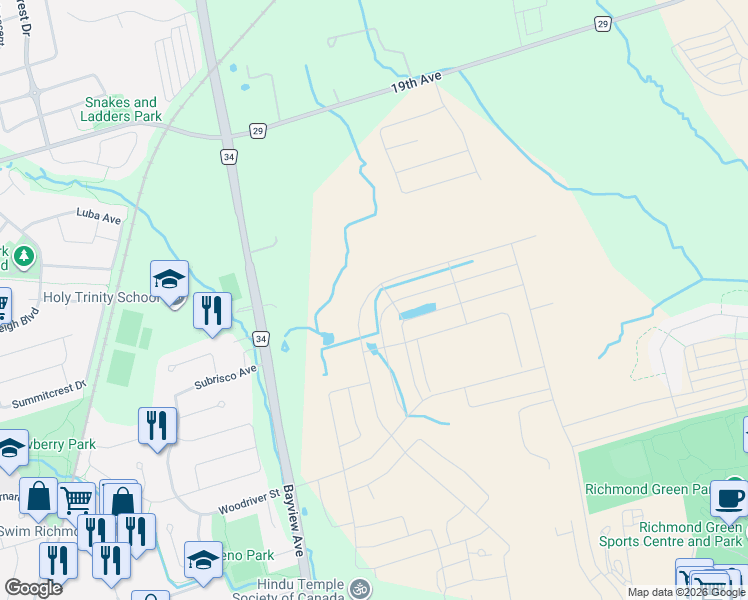 map of restaurants, bars, coffee shops, grocery stores, and more near 157 Prairie Rose Drive in Richmond Hill