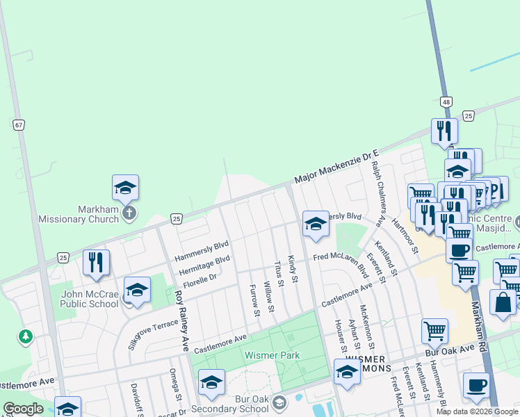 map of restaurants, bars, coffee shops, grocery stores, and more near 20 Collier Crescent in Markham