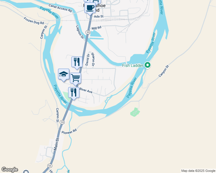 map of restaurants, bars, coffee shops, grocery stores, and more near 133 Adams Street in Horseshoe Bend