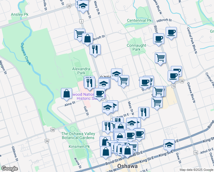 map of restaurants, bars, coffee shops, grocery stores, and more near in Oshawa
