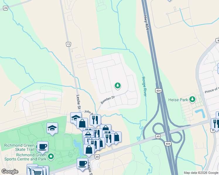 map of restaurants, bars, coffee shops, grocery stores, and more near 36 Brookfam Street in Richmond Hill