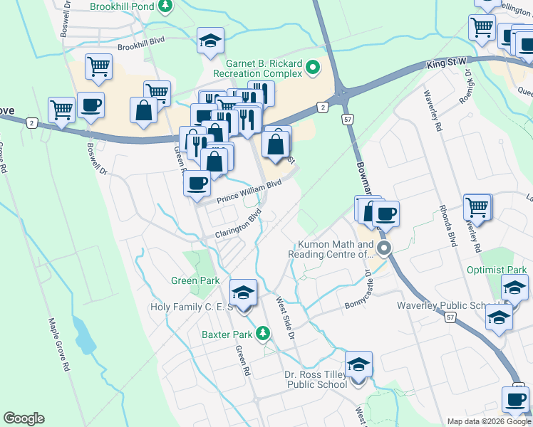 map of restaurants, bars, coffee shops, grocery stores, and more near 55 Clarington Boulevard in Bowmanville
