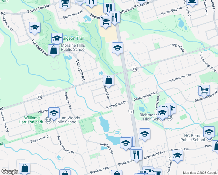 map of restaurants, bars, coffee shops, grocery stores, and more near 88 Royal Chapin Crescent in Richmond Hill