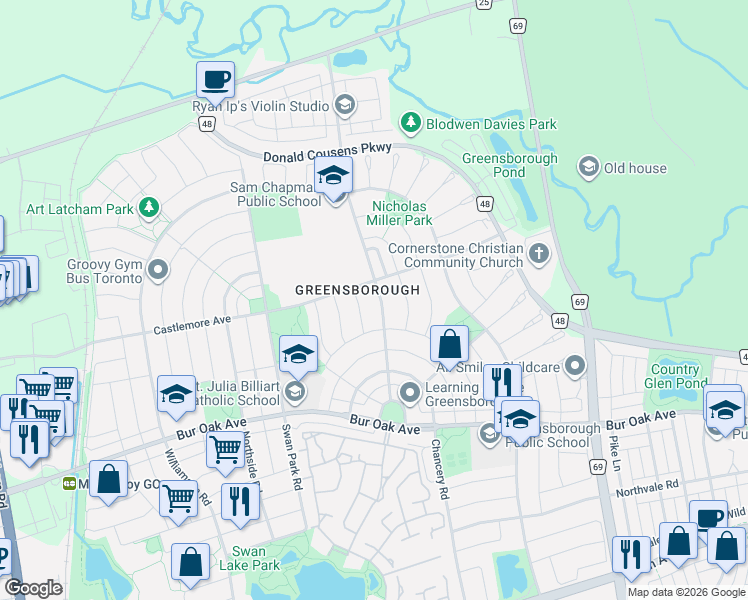 map of restaurants, bars, coffee shops, grocery stores, and more near 42 Delray Drive in Markham