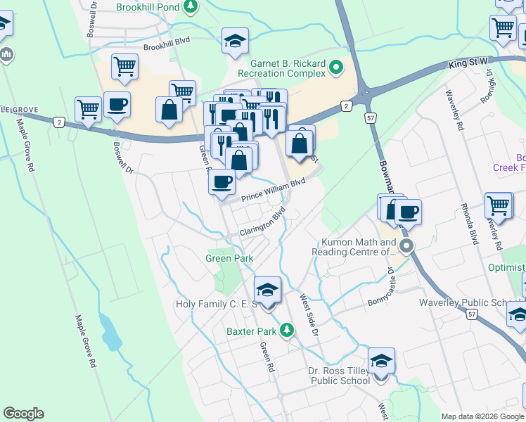 map of restaurants, bars, coffee shops, grocery stores, and more near 67 King George Way in Clarington