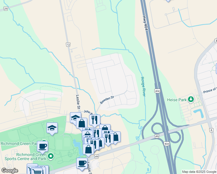 map of restaurants, bars, coffee shops, grocery stores, and more near 38 Brookfam Street in Richmond Hill