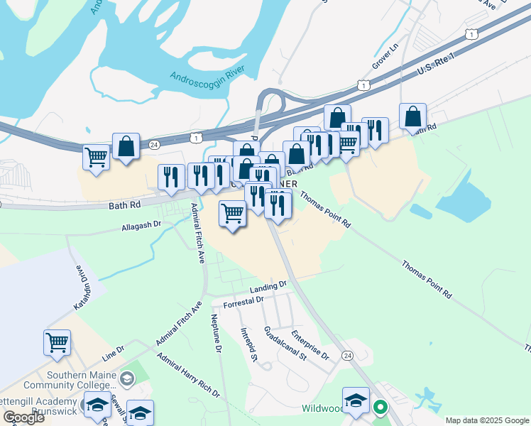 map of restaurants, bars, coffee shops, grocery stores, and more near in Brunswick