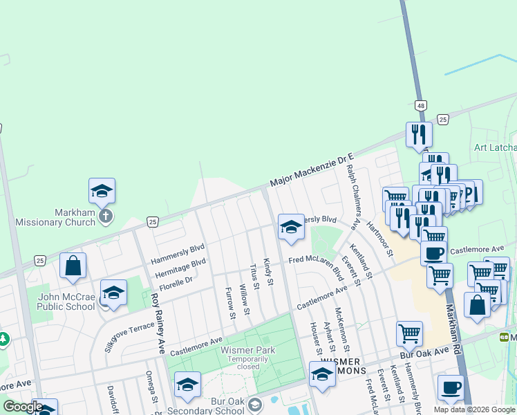 map of restaurants, bars, coffee shops, grocery stores, and more near 64 Collier Crescent in Markham