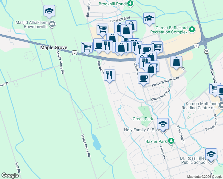 map of restaurants, bars, coffee shops, grocery stores, and more near 48 Shady Lane Crescent in Bowmanville
