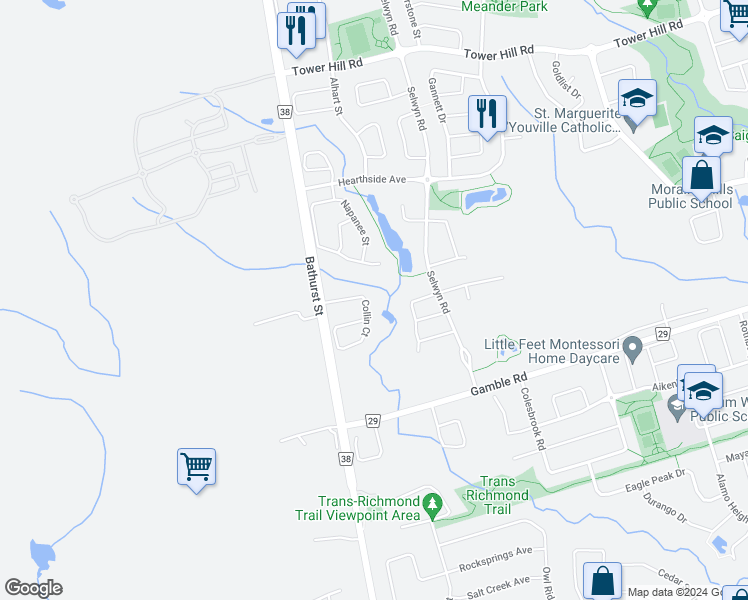 map of restaurants, bars, coffee shops, grocery stores, and more near 45 Collin Court in Richmond Hill