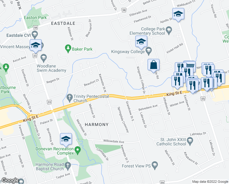 map of restaurants, bars, coffee shops, grocery stores, and more near 1052 King Street East in Oshawa