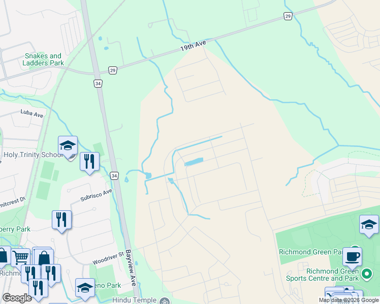 map of restaurants, bars, coffee shops, grocery stores, and more near 60 Current Drive in Richmond Hill