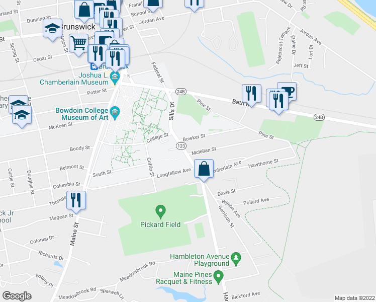 map of restaurants, bars, coffee shops, grocery stores, and more near 3 Mclellan Street in Brunswick