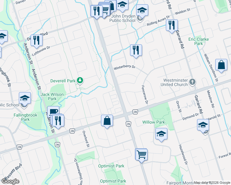 map of restaurants, bars, coffee shops, grocery stores, and more near 85 Sutcliffe Drive in Whitby